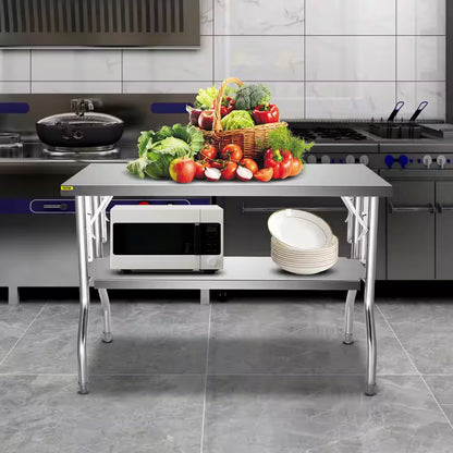 Commercial Worktable Workstation 48 X 30 In. Double-Shelf Folding Stainless Steel Kitchen Utility Table