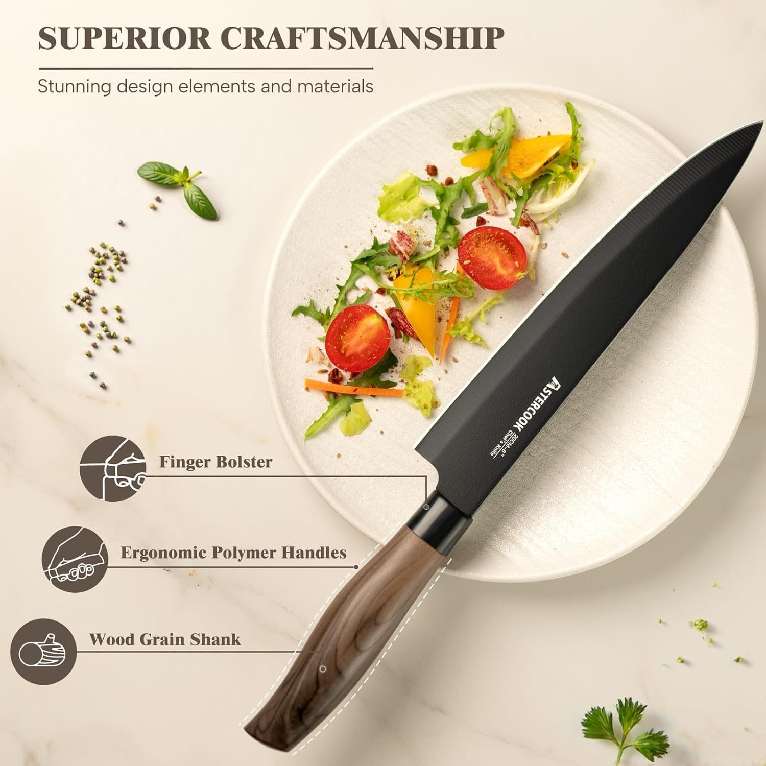 6 Piece Black Kitchen Knife Set, Non-Stick Stainless Steel Knife Block Set, Anti-Rust Dishwasher Safe Knife Set with Block