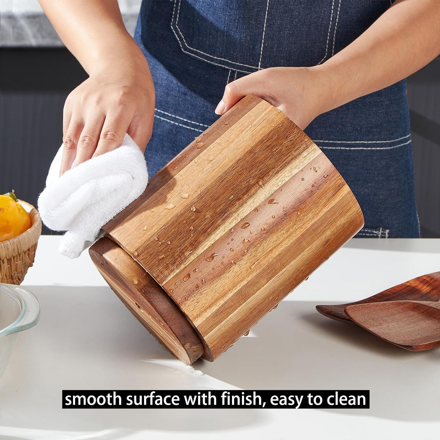 Acacia Wood Utensil Holder for Kitchen Counter, 360° Rotating 7.2" Wooden Cooking Utensil Crock for Countertop
