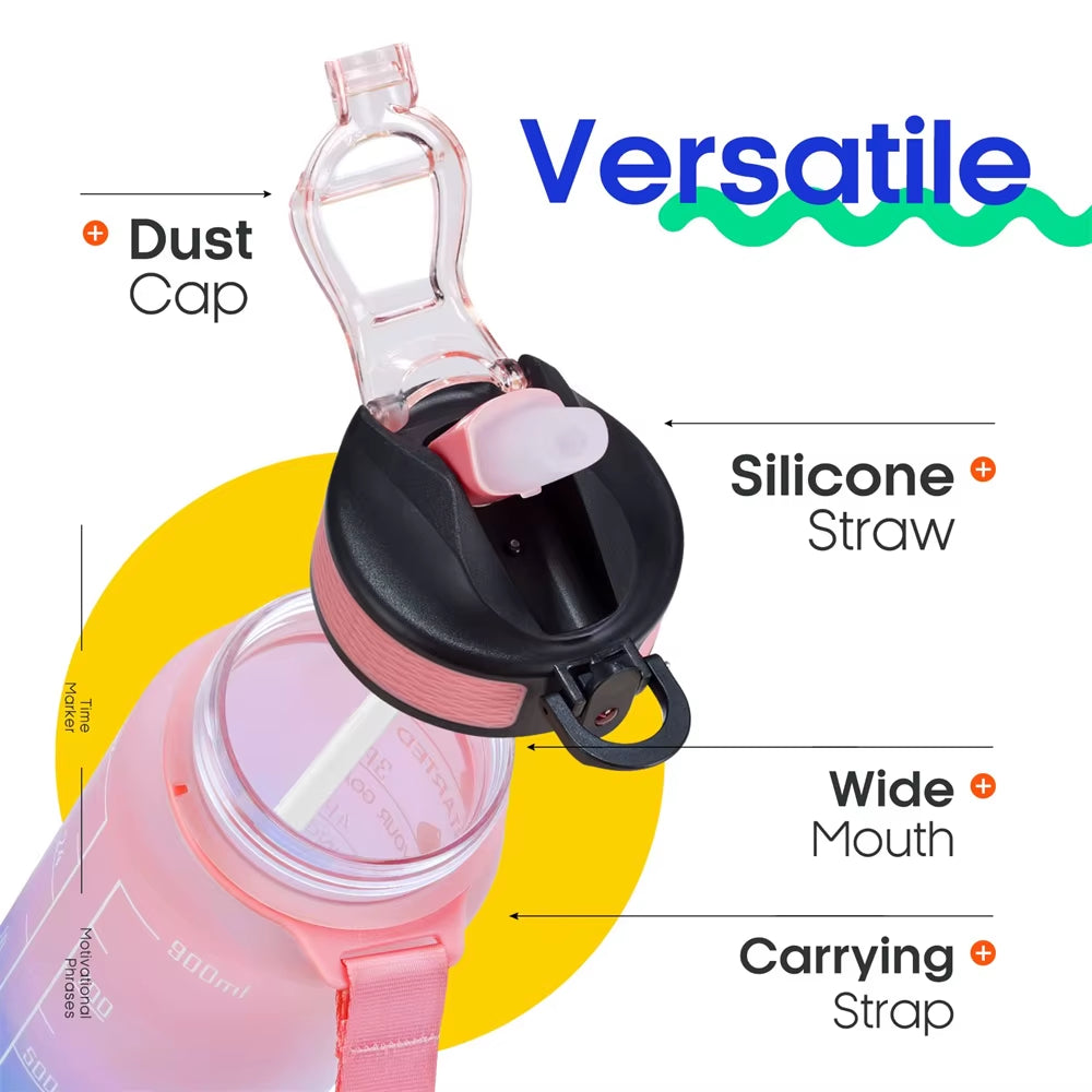 32 Oz Leakproof Water Gym Bottles with Times to Drink and Straw