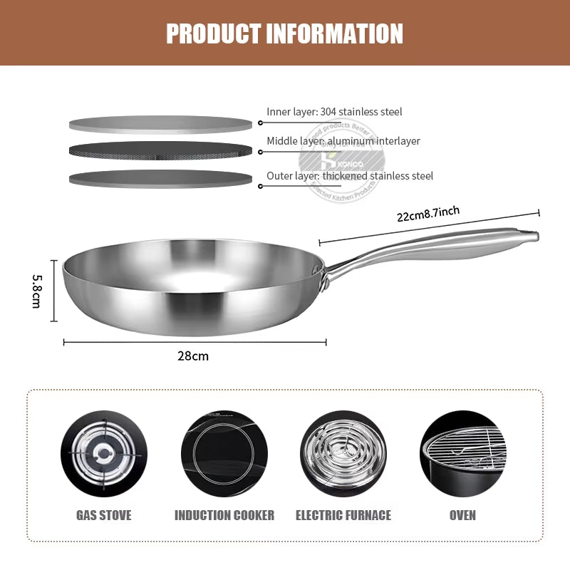 304 Stainless Steel Frying Pan Nonstick Kitchen Cookware for Gas Stove and Induction Cooker
