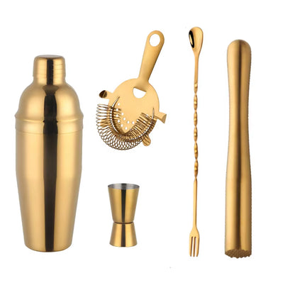 750ML Stainless Steel Boston Cocktail Set Shaker Wine Pourers Gold Bar Tool Set with Strainer Measure Cup Bartender