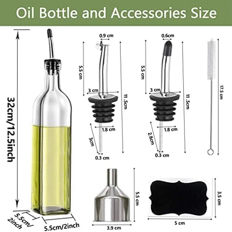 2 Pcs Glass Olive Oil Dispenser and Vinegar Dispenser Set with 2 Stainless Steel Pourers, 4 Labels,1 Brush and 1 Funnel Oil Bottles for Kitchen (500Ml)
