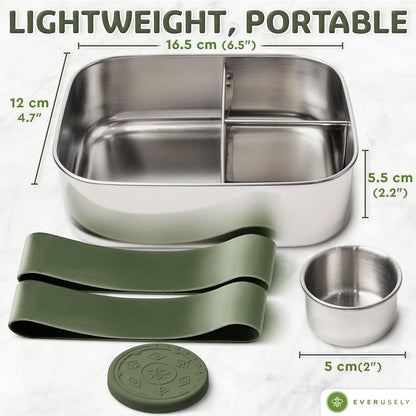 27Oz / 0.8 L - Stainless Steel Lunch Box with Leakproof Condiment Container - 3 Compartment Snack Organizer for on the Go Meals