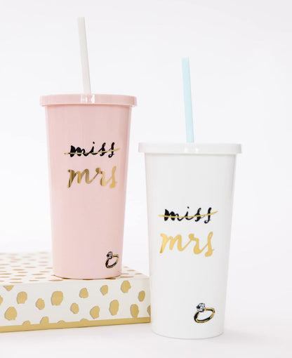 20 Oz Acrylic Bridal Tumbler with Lid and Straw, Slim Double Wall Tumbler, Miss to Mrs. (White)