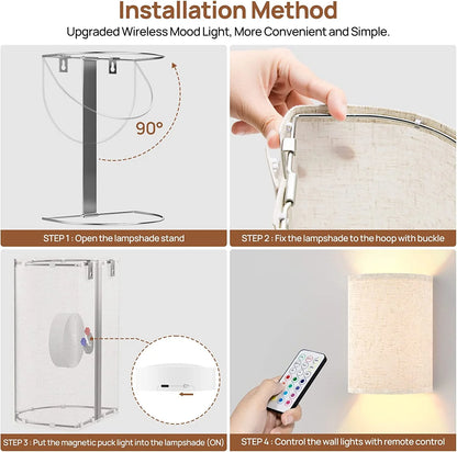 Dimmable 2-Light LED Fabric Linen Shade Bedroom Battery Operated Wall Sconces (2 Count)