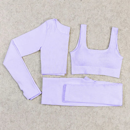 Ribbed Women Sets Fitness Suit Seamless Sportswear Sexy Gym Clothing Stripe Legging Long Sleeve Sport Outfits Woman Tracksuit