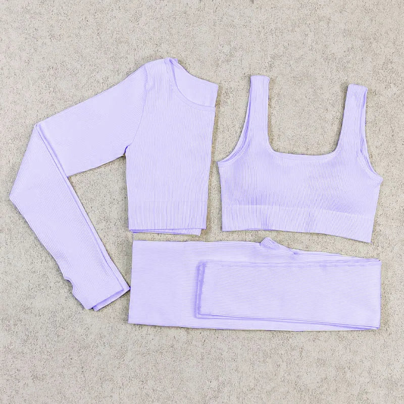 Ribbed Women Sets Fitness Suit Seamless Sportswear Sexy Gym Clothing Stripe Legging Long Sleeve Sport Outfits Woman Tracksuit