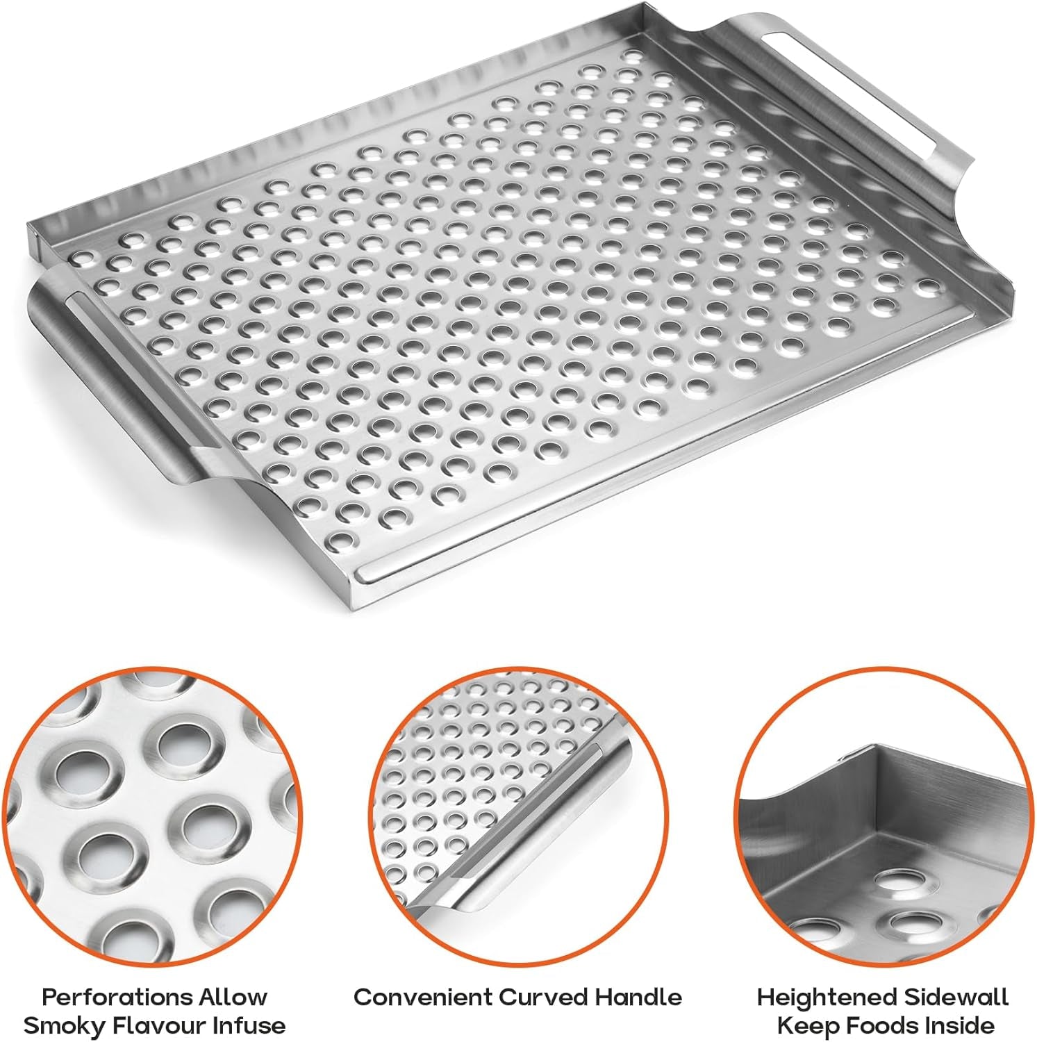 Stainless Steel  Nonstick Grill Topper Grid BBQ Tray with Perforated Bottom and Handles