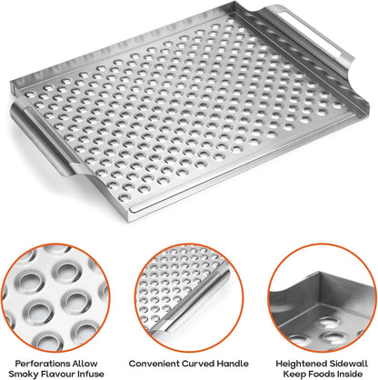 Stainless Steel  Nonstick Grill Topper Grid BBQ Tray with Perforated Bottom and Handles