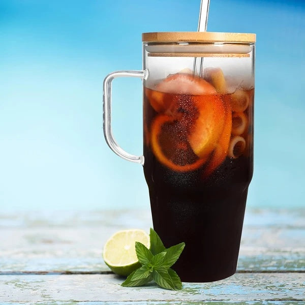 Stylish Glass Cup with Bamboo Lid and Straw