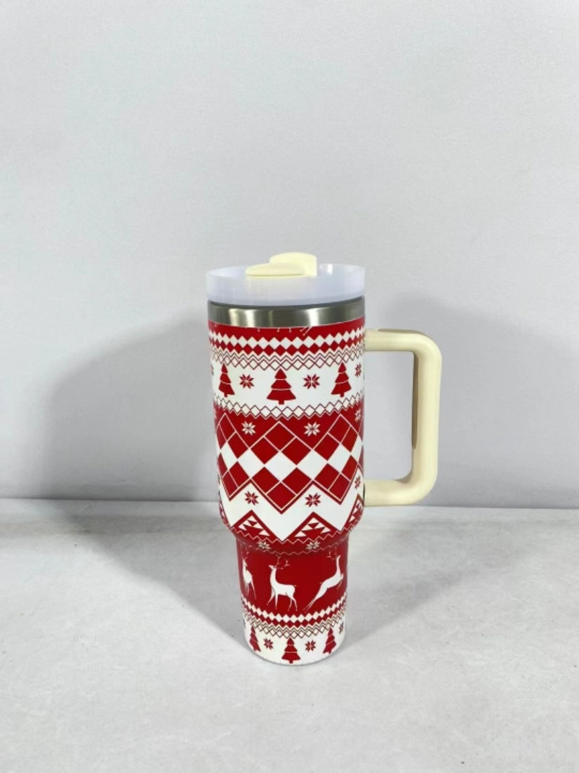 Christmas Stainless Steel Tumbler with Handle, Lid & Straw