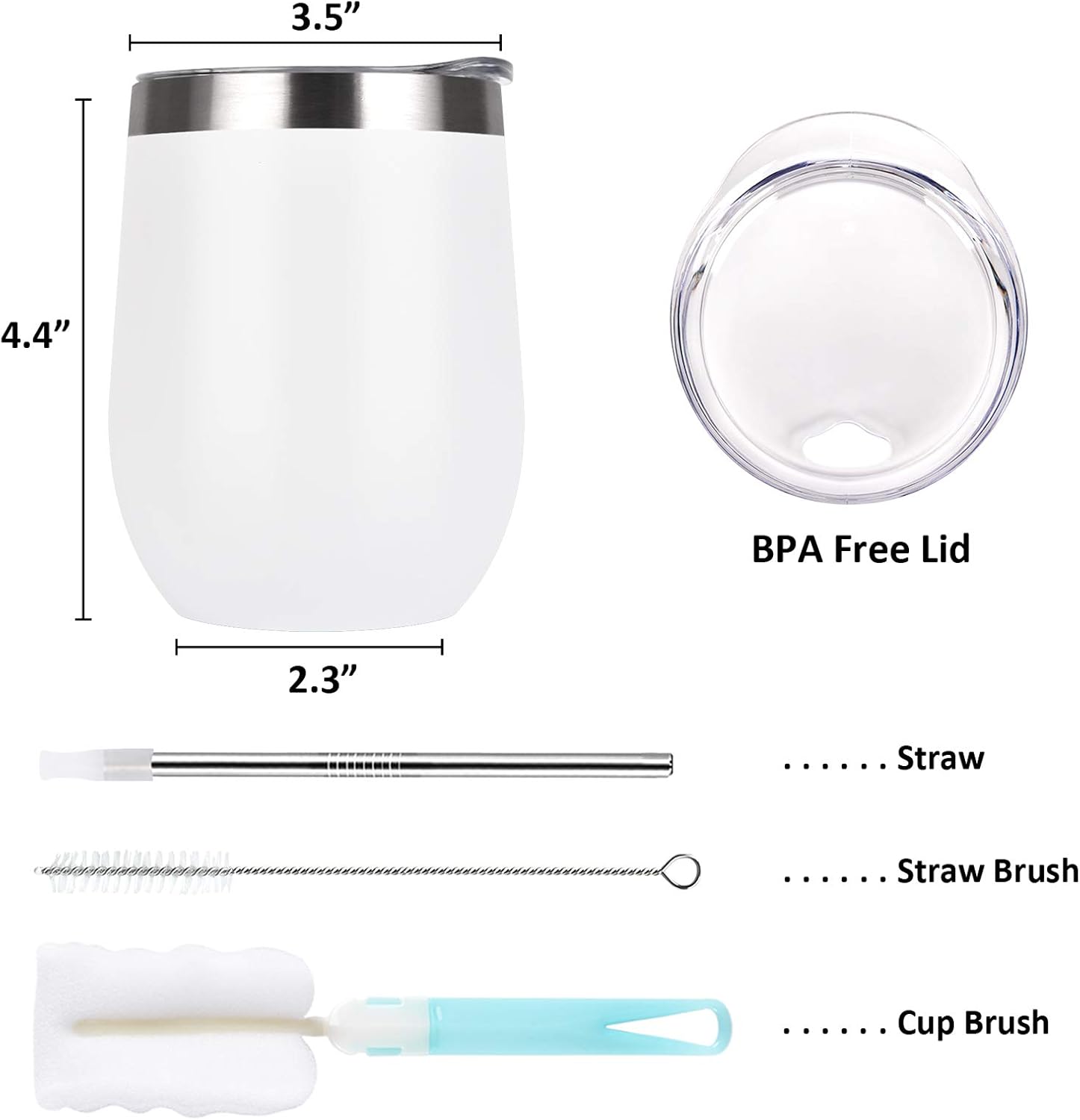 12 Oz Double Wall Vacuum Insulated Stemless Wine Tumbler with Lid Straw, Set of 6