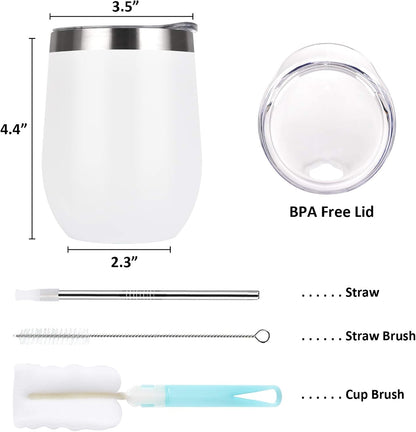 12 Oz Double Wall Vacuum Insulated Stemless Wine Tumbler with Lid Straw, Set of 6