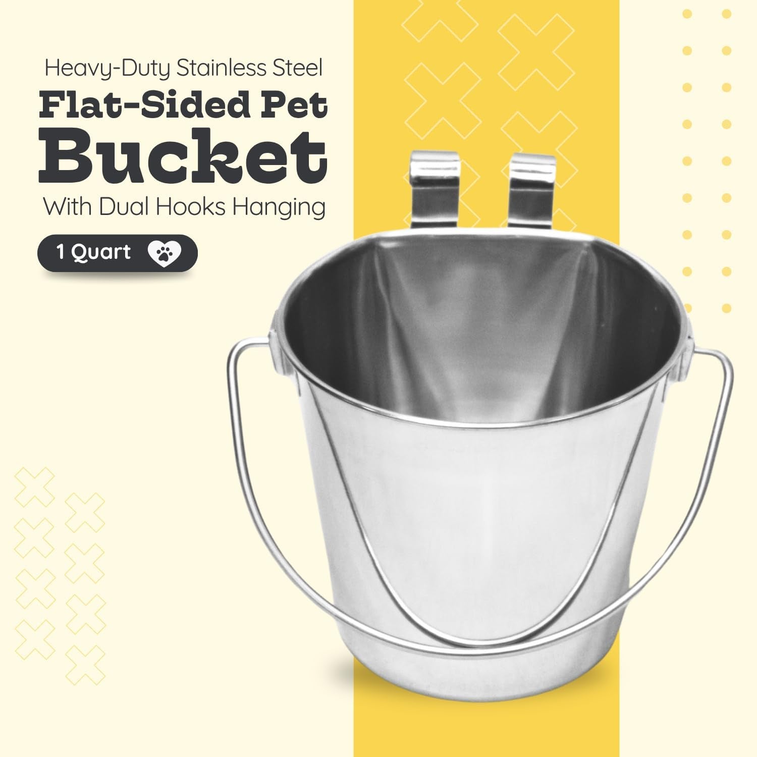 1 Qt Stainless Steel Flat Sided Bucket with Dual Hooks, Multipurpose Use