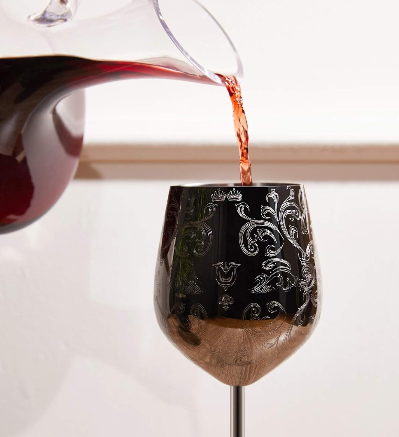 Stainless Steel Wine Glasses with Black Plated, Etched with Intricate and Authentic Baroque Engravings Set of 2(17Oz)