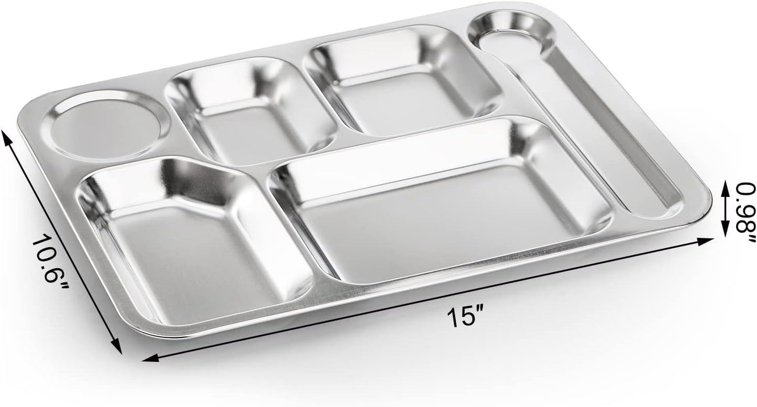 4 Pack Stainless Steel 6 Sections Rectangular Divided Dinner Tray