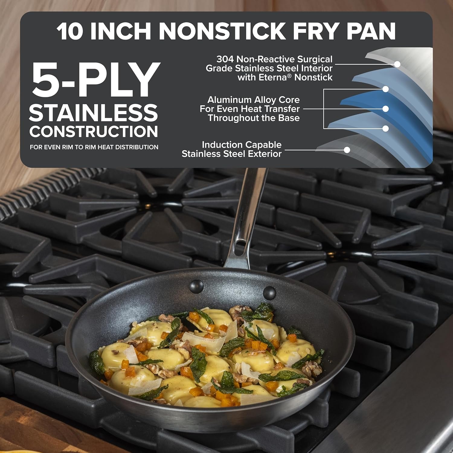 5-Ply Non Stick Frying Pan, 10 Inch Stainless Steel Nonstick Fry Pan, 5 Liters, Satin Finish