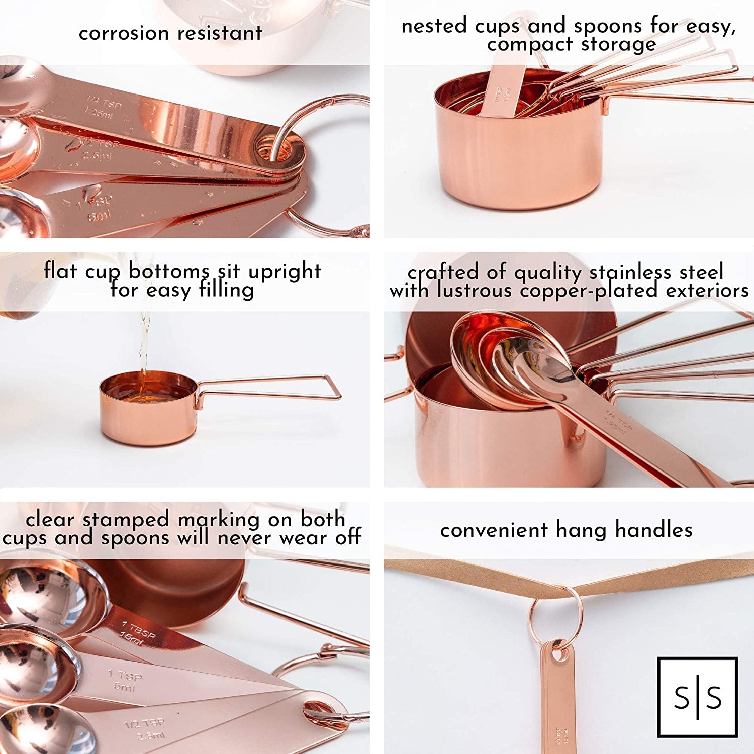 Copper Measuring & Spoons Set – 8-Piece Stainless Steel Kitchen Utensils