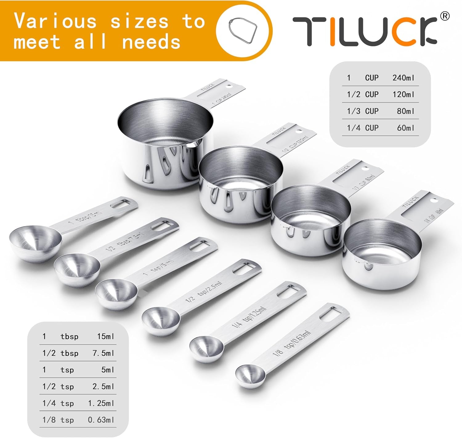 Stainless Steel Measuring Cups & Spoons Set, Cups and Spoons, Kitchen Gadgets for Cooking & Baking (10)