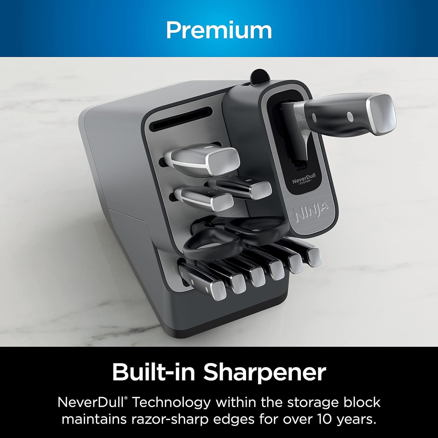 Premium Knife System, 12 Piece Knife Block Set with Built-In Sharpener, German Stainless Steel Knives, Black