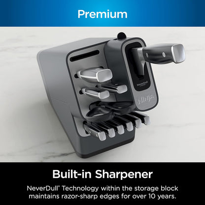 Premium Knife System, 12 Piece Knife Block Set with Built-In Sharpener, German Stainless Steel Knives, Black