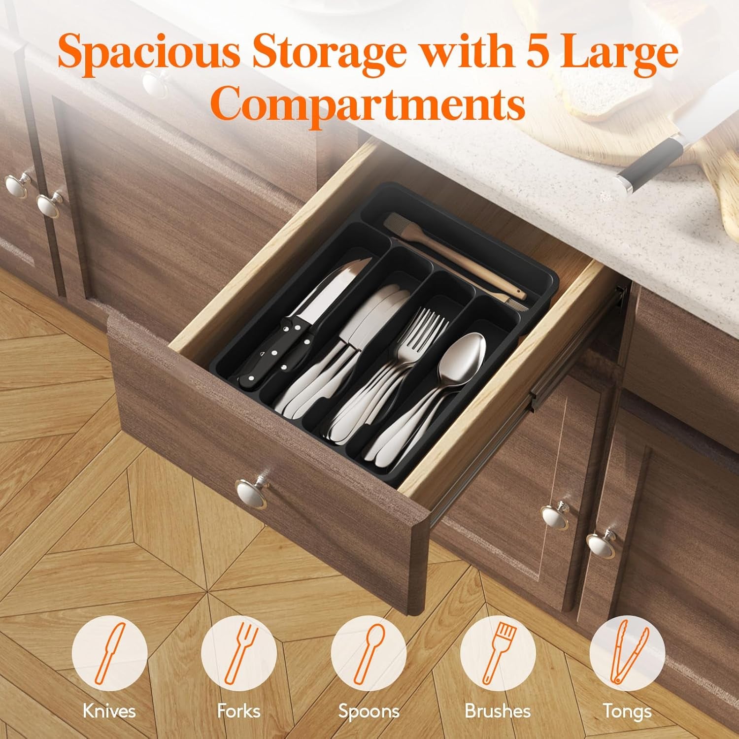 5 Compartment Plastic Cutlery Storage for Kitchen Drawer, Flatware and Utensil Holder Divider for Spoons Forks Knives Tableware, Black