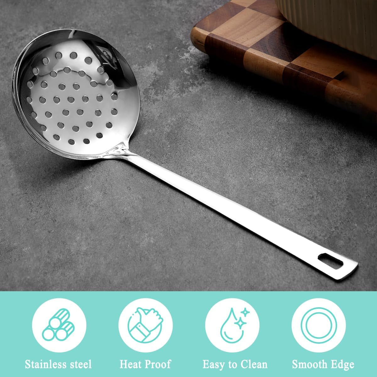 Stainless Steel Kitchen Skimmer Slotted Spoon for Straining Pasta/Cooking/Frying, Durable Rust-Resistant