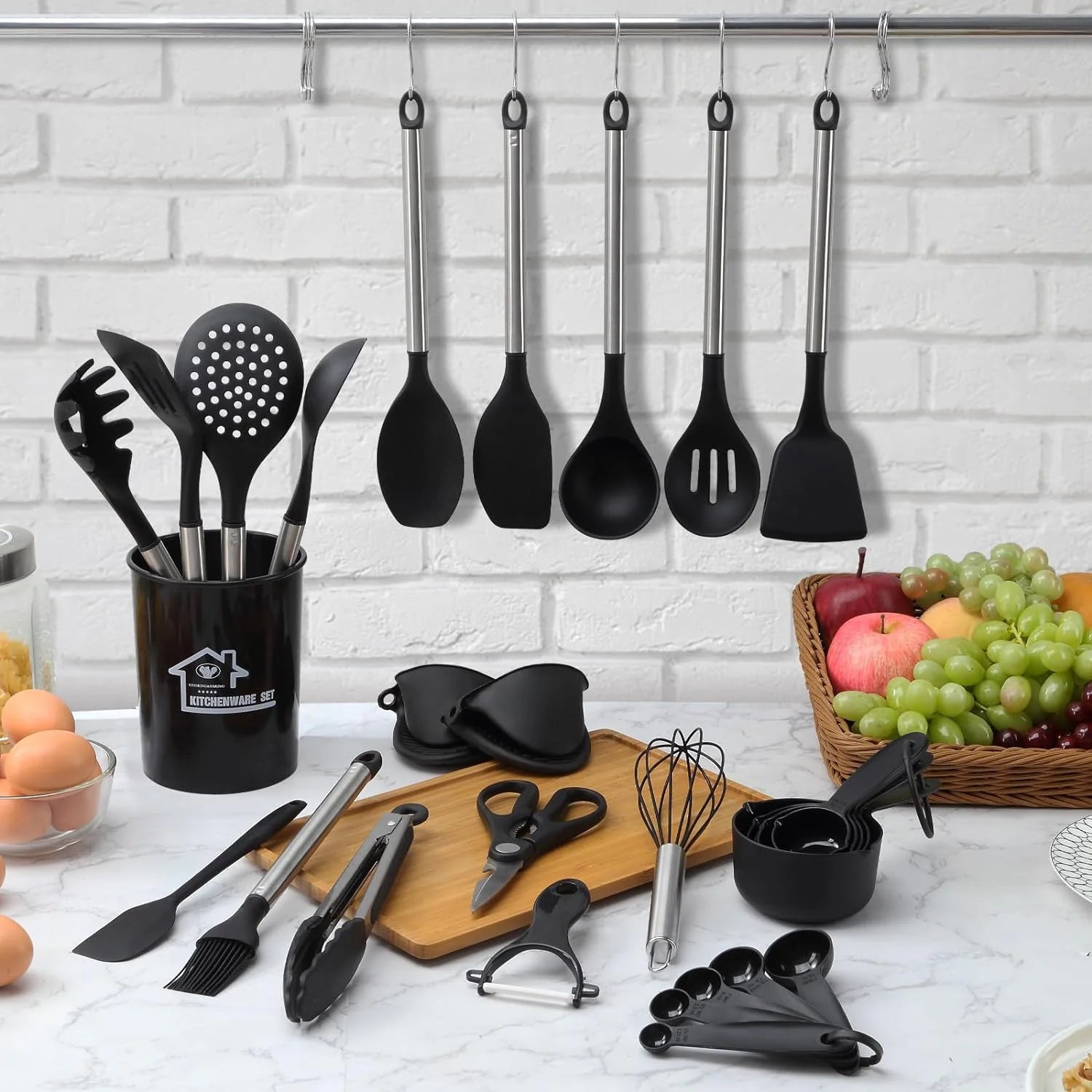 21 Pcs Silicone Cooking Utensils Set with Holder, BPA-Free, Non-Stick Heat Resistant Silicone Cookware with Stainless Steel Handle