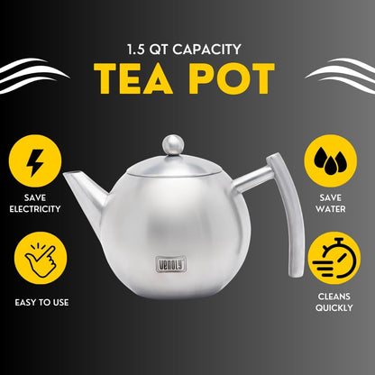 Stainless Steel Tea Pot with Removable Infuser for Loose Leaf and Tea Bags, Dishwasher Safe and Heat Resistant (Silver, 1.5 Liter)