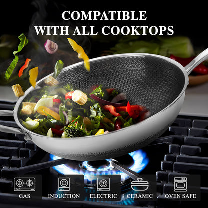 13" Large Honeycomb Wok Stainless Steel Nonstick Frying Pan Induction Cookware