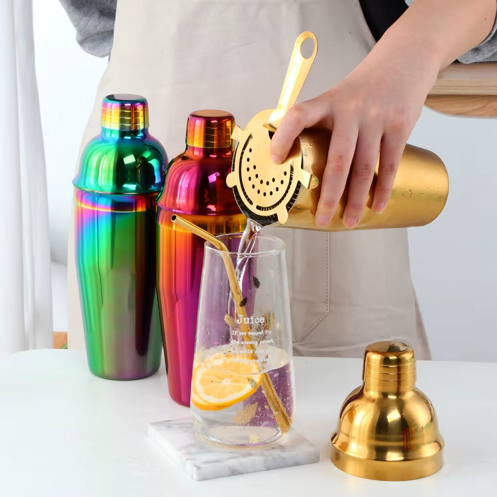 750ML Stainless Steel Boston Cocktail Set Shaker Wine Pourers Gold Bar Tool Set with Strainer Measure Cup Bartender