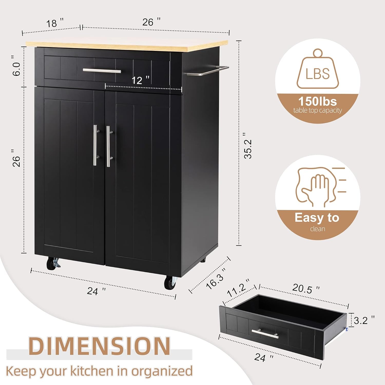 Kitchen Island Cart with Storage, Rolling Kitchen Island Side Table on Wheels with Worktop, Single Door Storage Cabinet and Drawer, Black