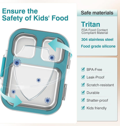 3 Compartments Stainless Steel Lunch Box, Leak-Proof Lunch Box for School Office, Dishwasher Safe, BPA-Free