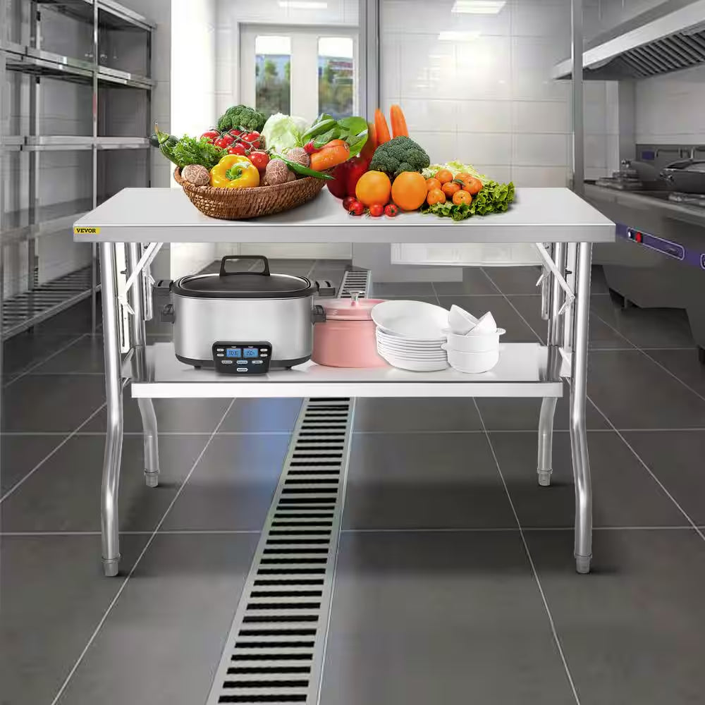 Commercial Worktable Workstation 48 X 24 In. Double-Shelf Stainless Steel Kitchen Utility Table