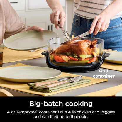 4-In-1 Portable Glass Air Fryer Cooking System, 1500W, 4QT & 6-Cup Tempware Glass Containers with Storage Lids, Microwave, Freezer & Dishwasher Safe, Cyberspace Gray