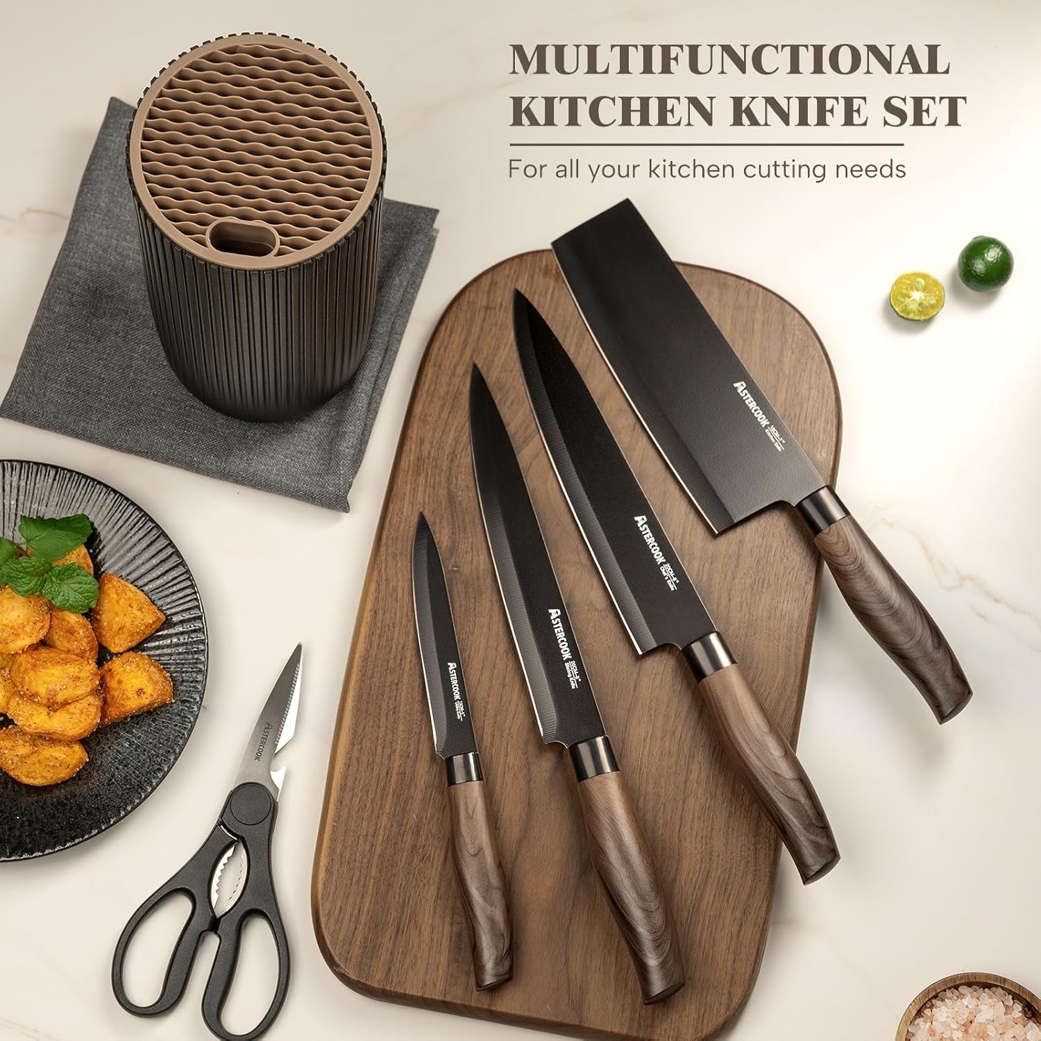 6 Piece Black Kitchen Knife Set, Non-Stick Stainless Steel Knife Block Set, Anti-Rust Dishwasher Safe Knife Set with Block
