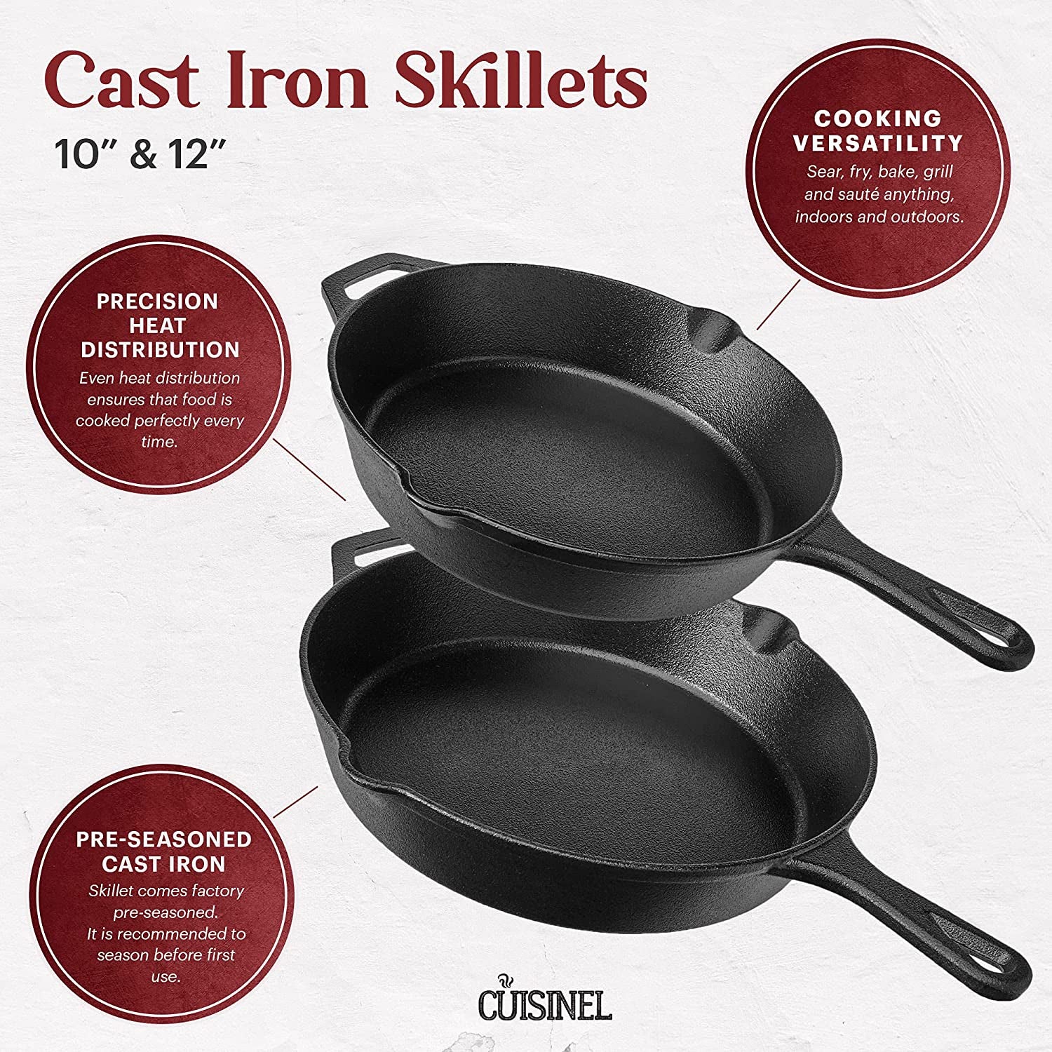 Cast Iron Skillet Set 10" & 12" Frying Pans with Glass Lids & Silicone Handle Grips
