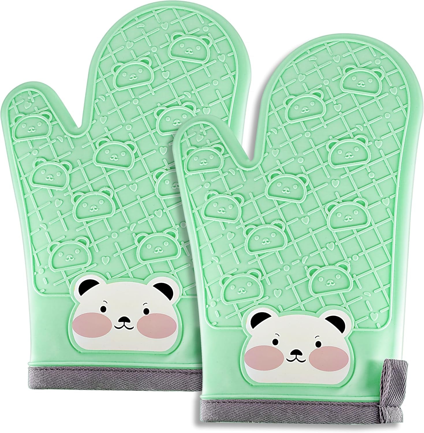 Silicone Oven Mitts Cute Bear - Non-Slip Kitchen Gloves for Baking & BBQ - Soft Cotton Lined, Waterproof & BPA-Free Potholders - Machine Washable & Heat Resistant up to 500°F - Green, 1 Pair