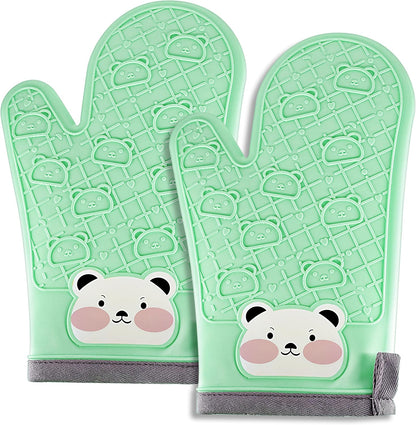 Silicone Oven Mitts Cute Bear - Non-Slip Kitchen Gloves for Baking & BBQ - Soft Cotton Lined, Waterproof & BPA-Free Potholders - Machine Washable & Heat Resistant up to 500°F - Green, 1 Pair