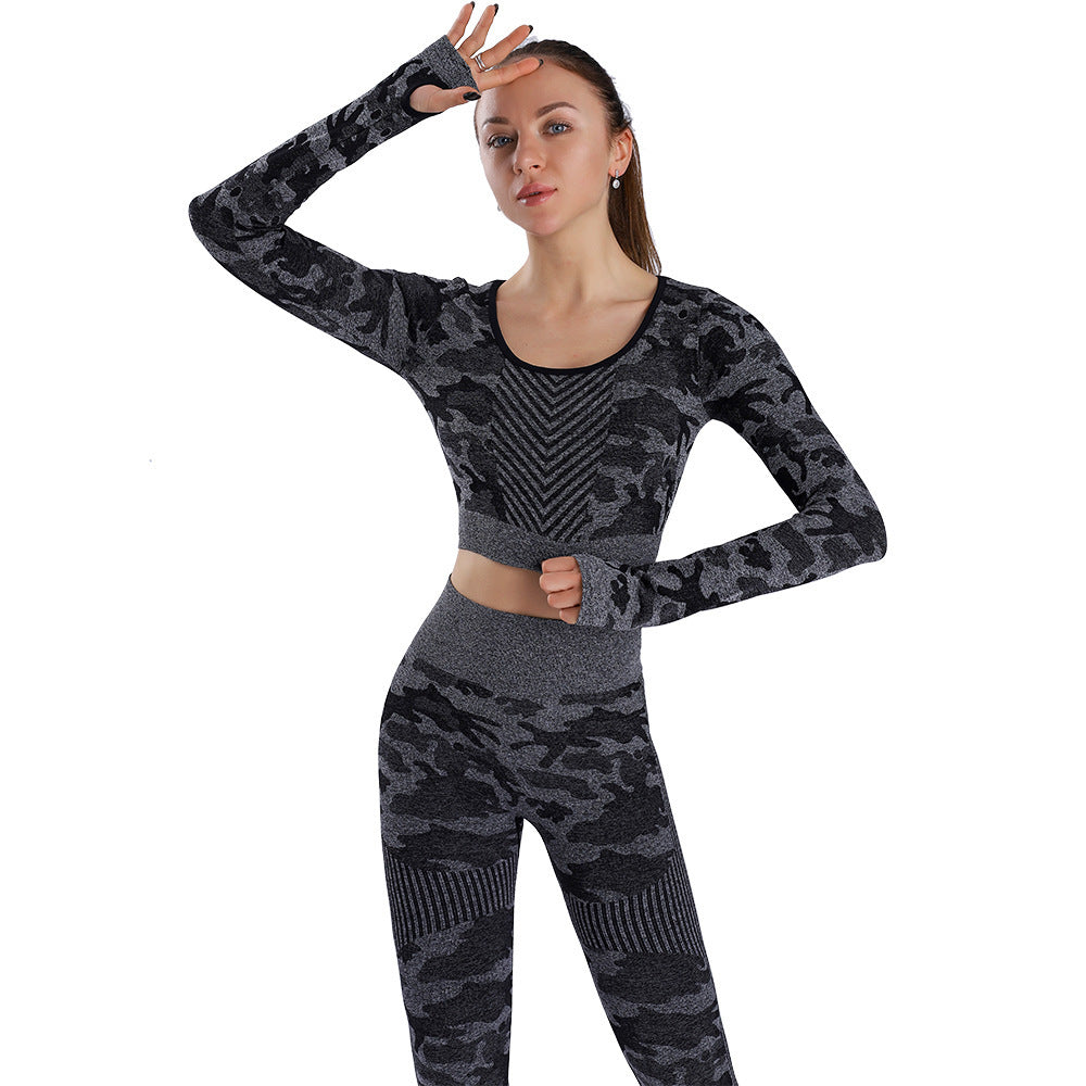 Cross-Border Autumn and Winter New Camouflage Knitted Fitness High-Waist Hip Pants Slim Sports Seamless Yoga Clothing Suit Women