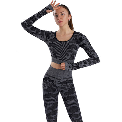 Cross-Border Autumn and Winter New Camouflage Knitted Fitness High-Waist Hip Pants Slim Sports Seamless Yoga Clothing Suit Women