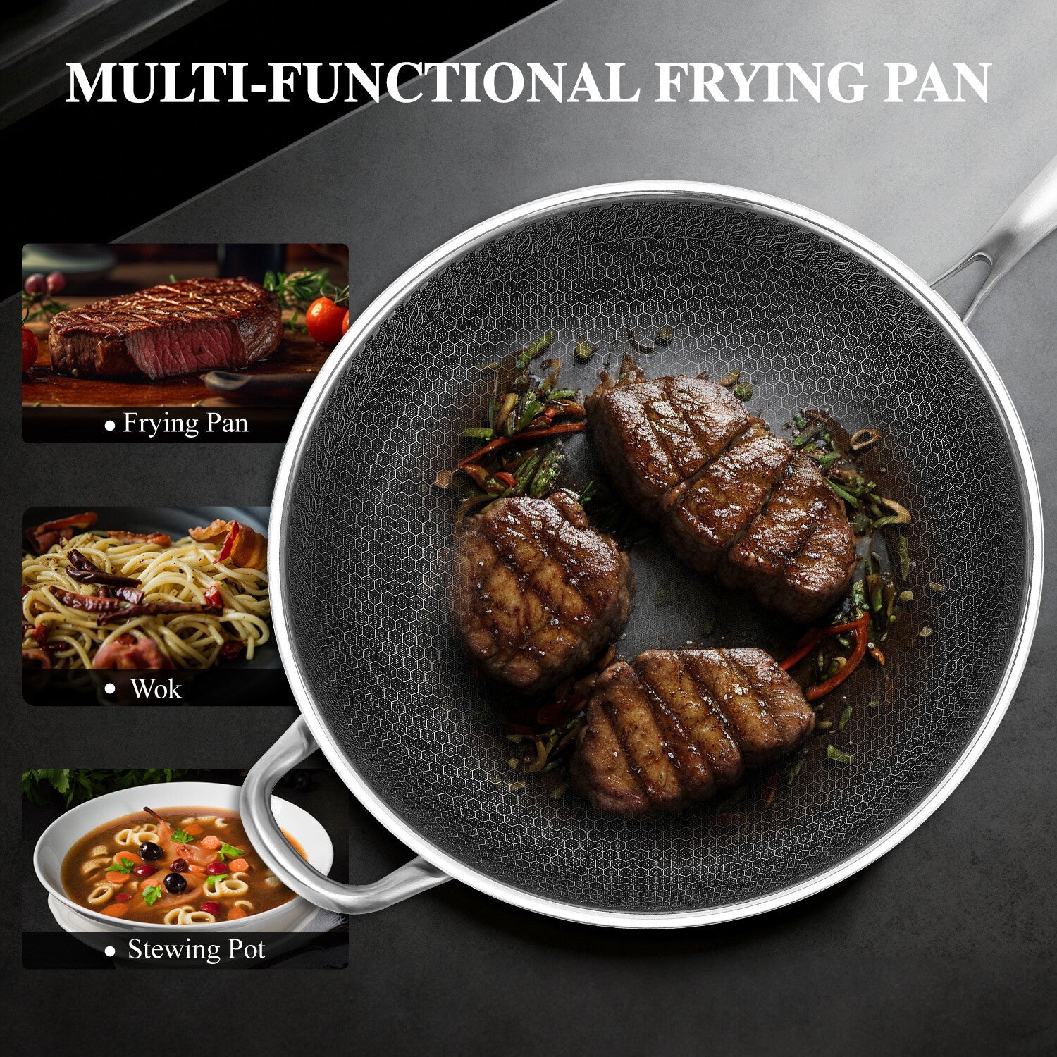13" Large Honeycomb Wok Stainless Steel Nonstick Frying Pan Induction Cookware