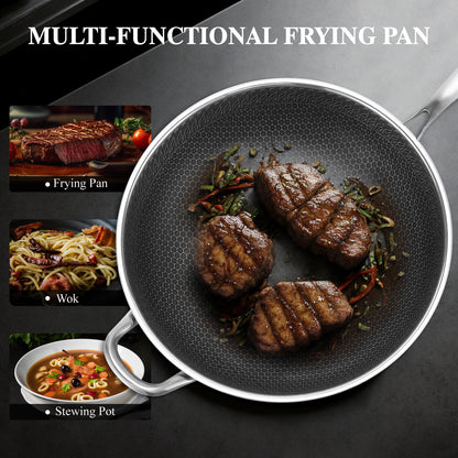 13" Large Honeycomb Wok Stainless Steel Nonstick Frying Pan Induction Cookware