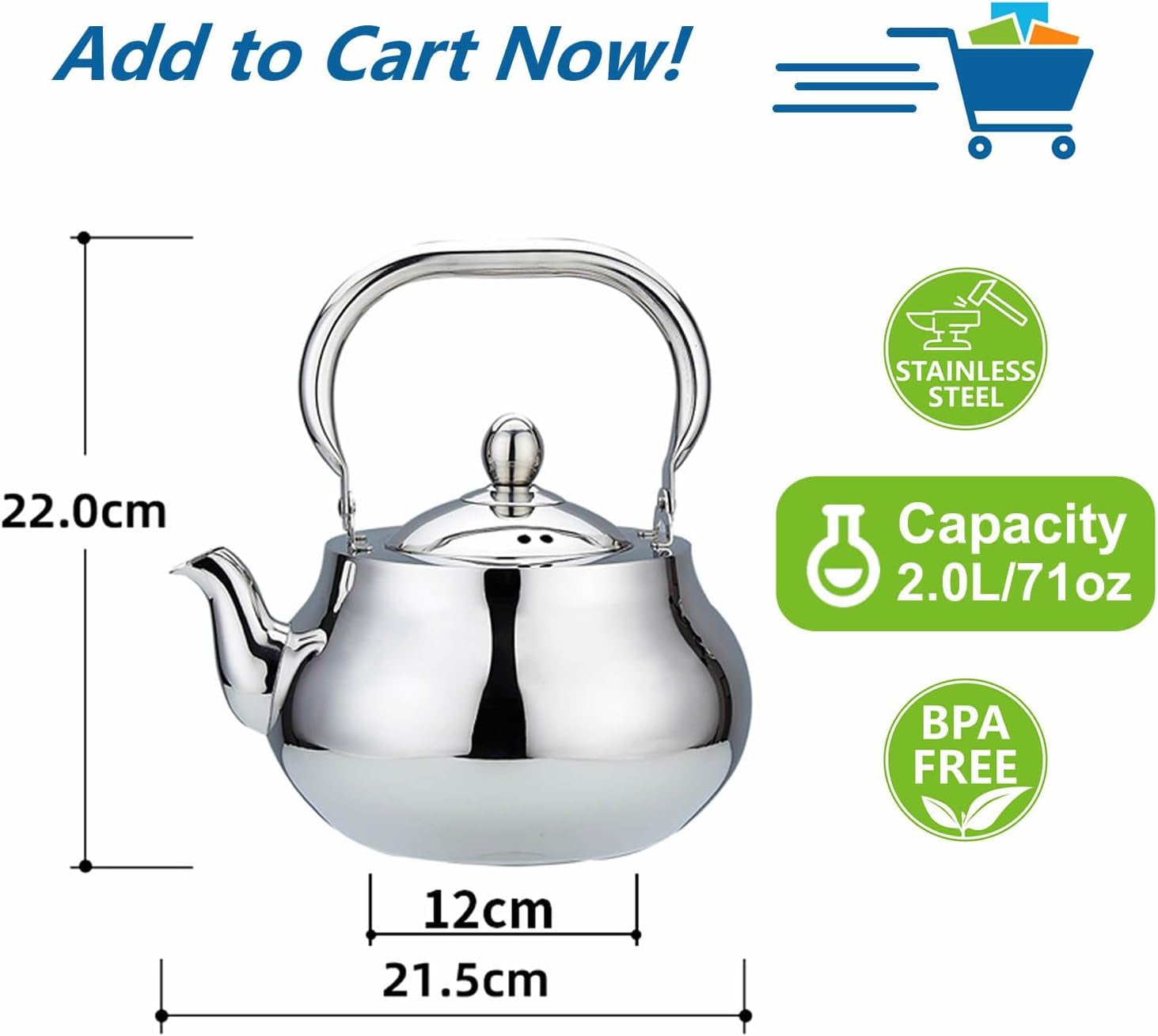 71 Oz Stainless Steel Teapot with Removeable Infuser, Thickened Mirror Polished Stovetop Tea Maker for Herbal and Infusion