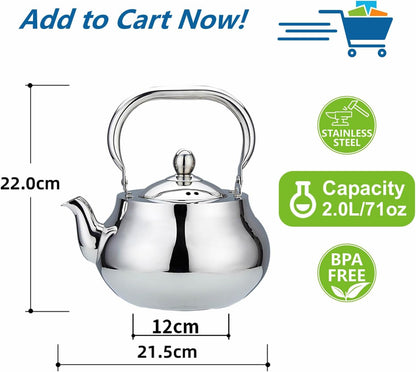71 Oz Stainless Steel Teapot with Removeable Infuser, Thickened Mirror Polished Stovetop Tea Maker for Herbal and Infusion