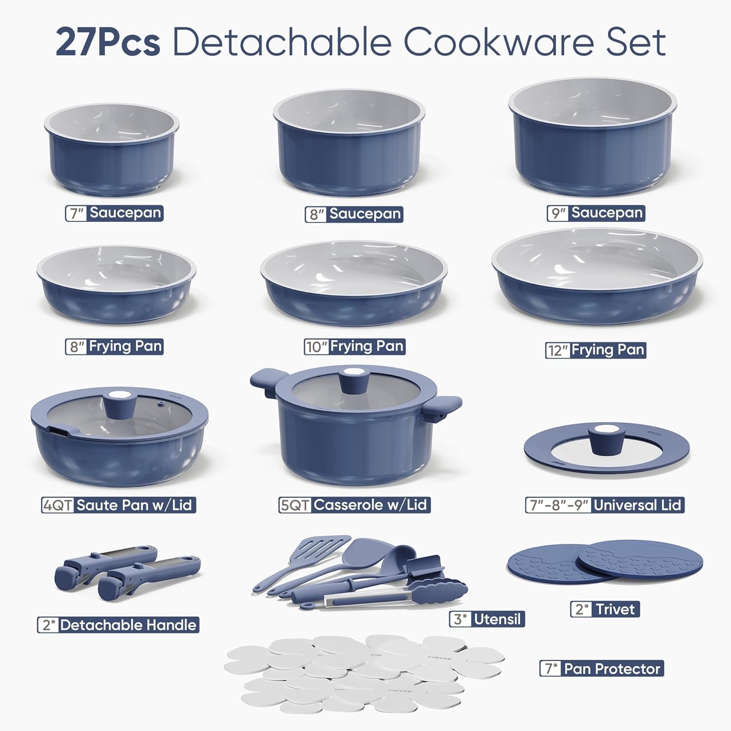 27Pcs Ceramic Cookware Set Nonstick, Pots and Pans Set Non Stick, Non Toxic Cookware, Dishwasher/Oven Safe, Navy Blue