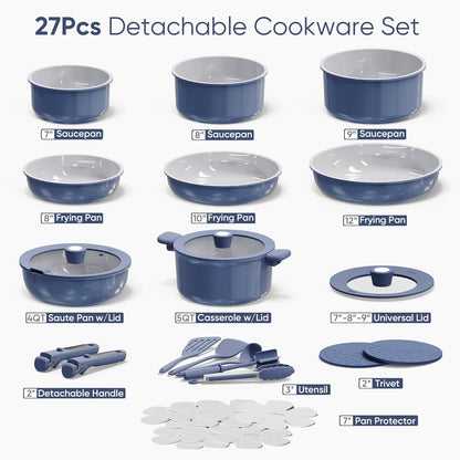 27Pcs Ceramic Cookware Set Nonstick, Pots and Pans Set Non Stick, Non Toxic Cookware, Dishwasher/Oven Safe, Navy Blue