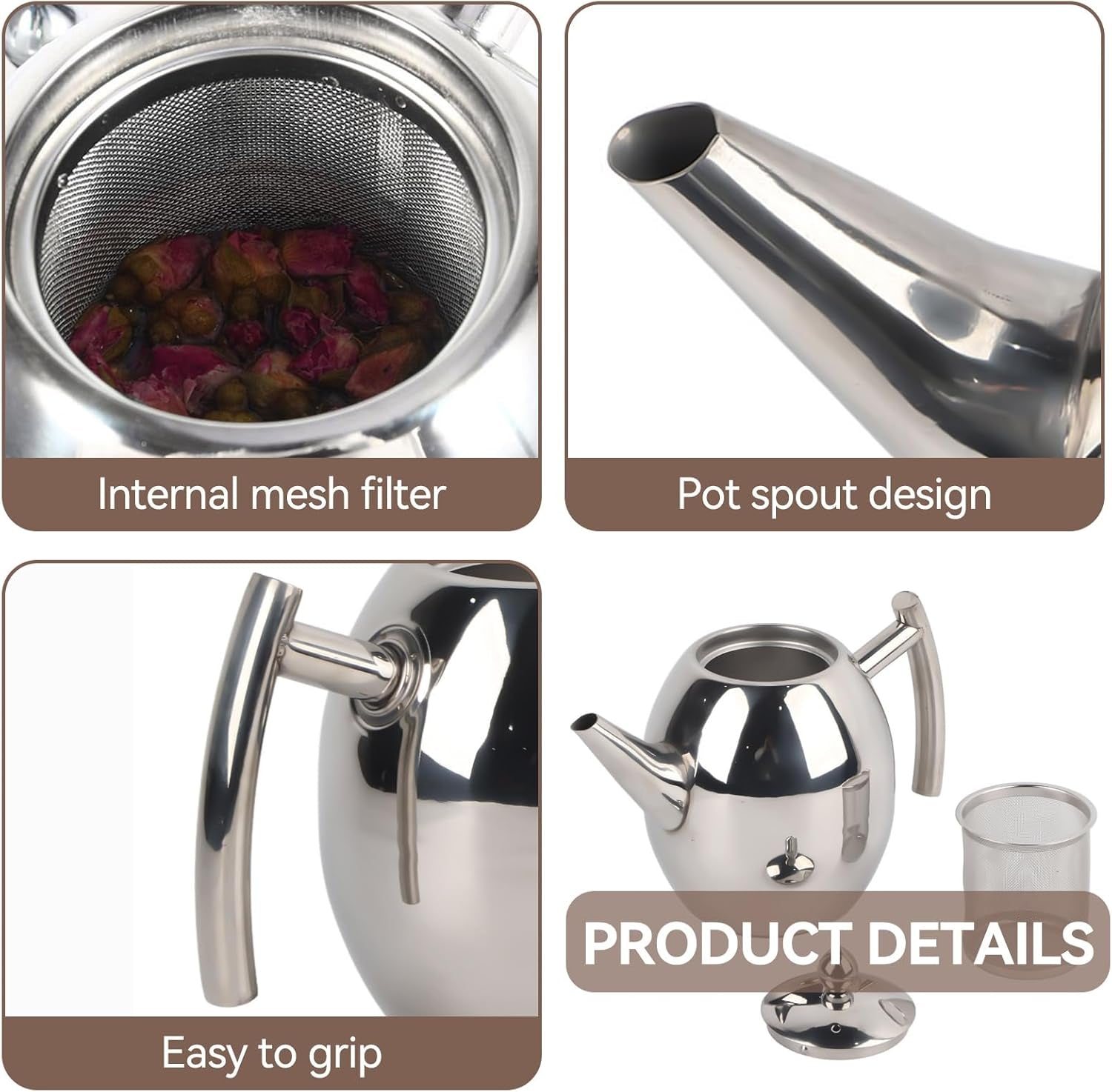 Stainless Steel Tea Pots with Infusers for Loose Tea with Filter, Lid and Strainer (1500Ml)