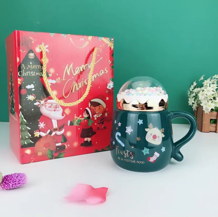 Christmas Ceramic Mugs Set with Lid and Spoon